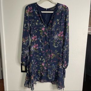 Adelyn Rae Navy Floral Dress Long Sleeves Ruffle Crewneck Ties